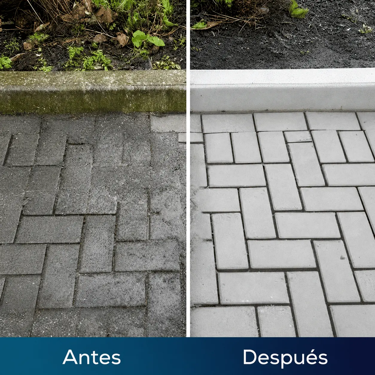 Antes y después de limpiar un suelo exterior con TurboJet